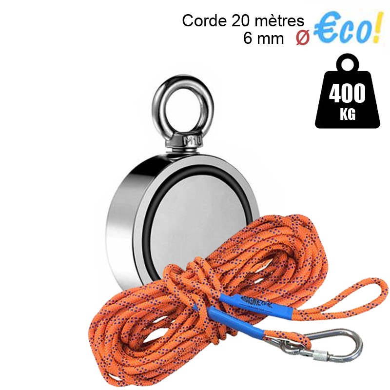 Pack aimant néodyme 400kg double face avec corde - Pêchez à l'aimant